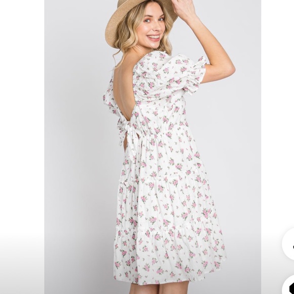 Pink floral puff sleeve mini dress. - Picture 3 of 4